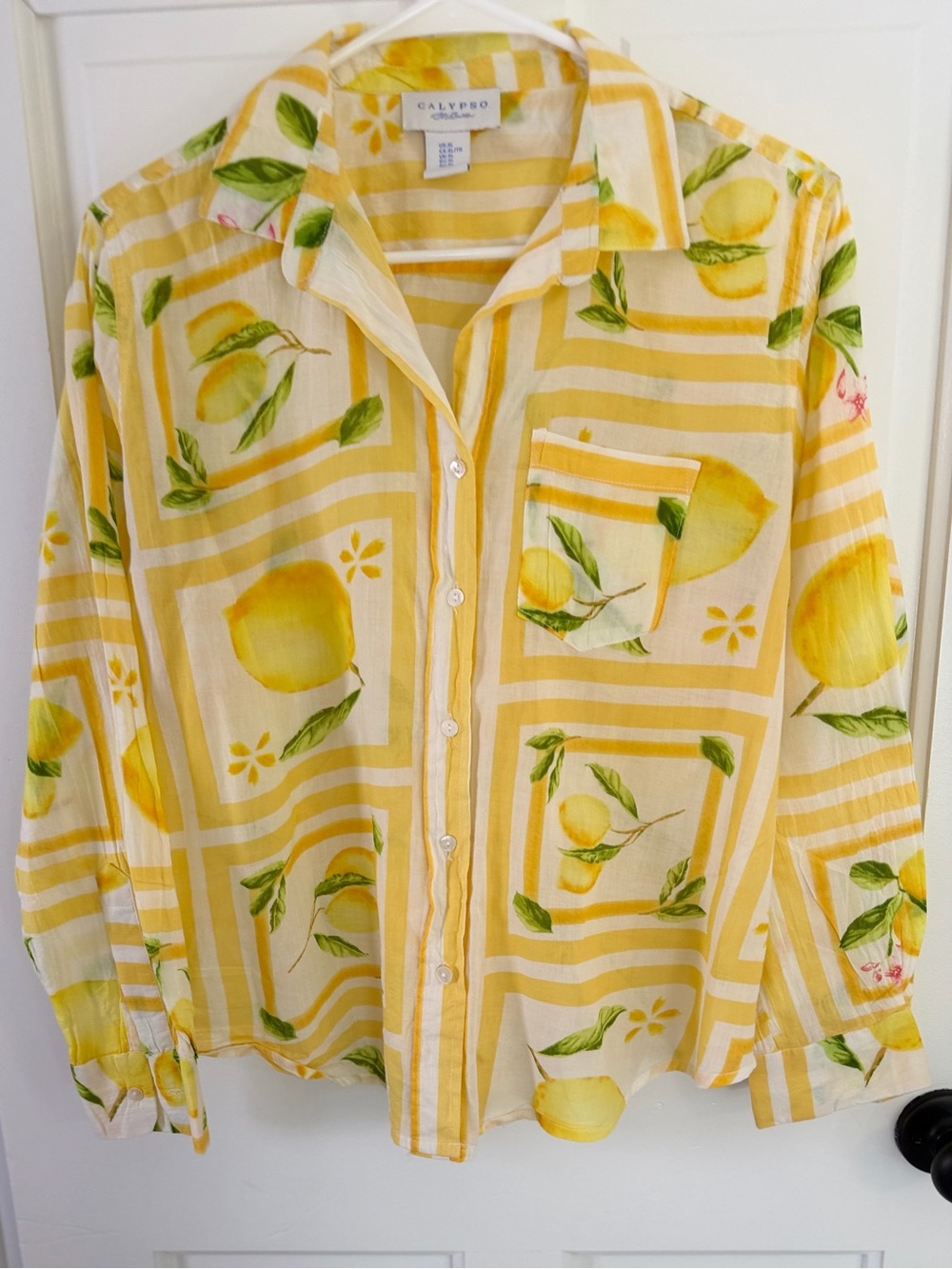 Calypso St. Barth Lemon Tile Print Cotton Button Down Shirt XL Resort